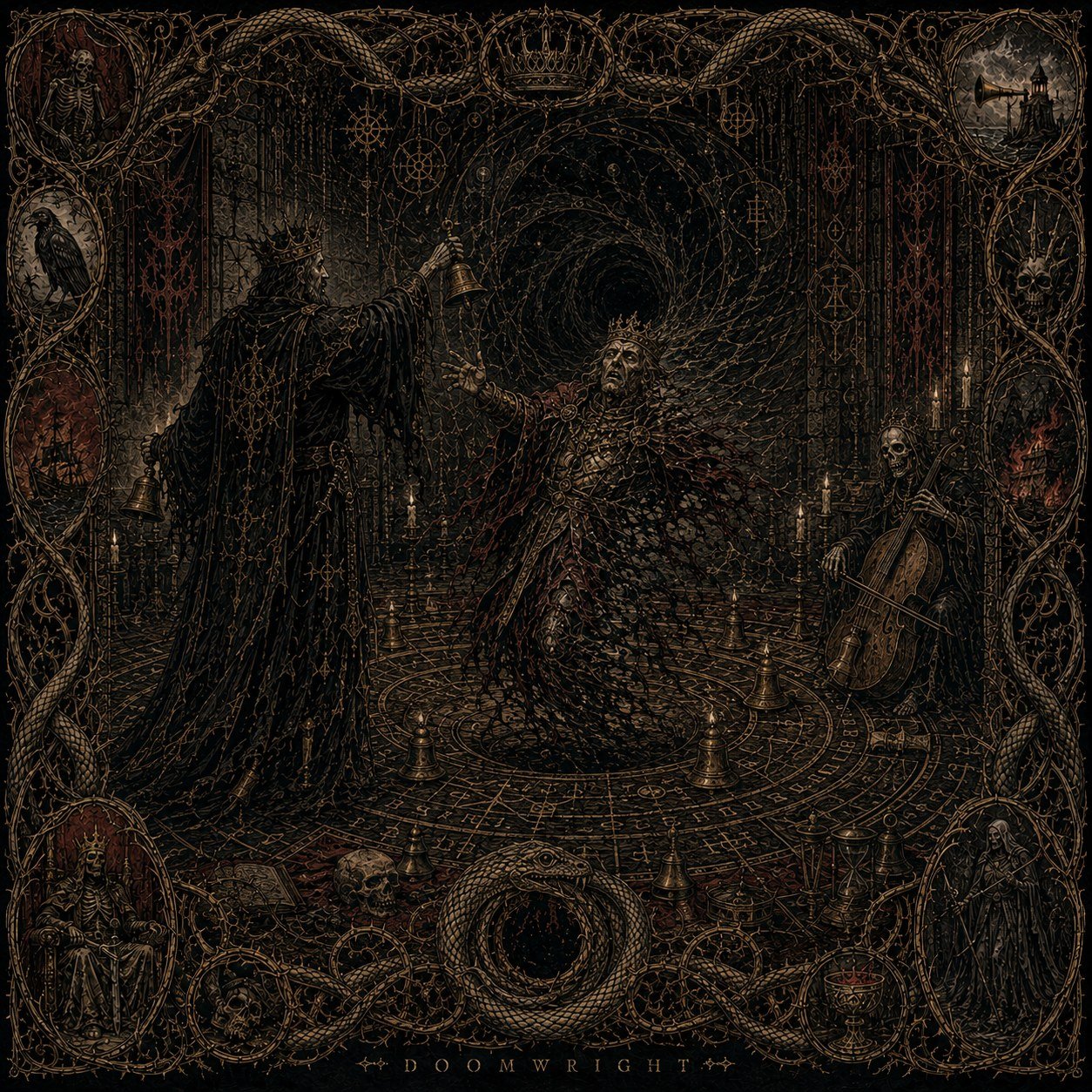 Illuminated panel — Two kings within a candlelit conjuring circle, a skeletal cellist at the edge