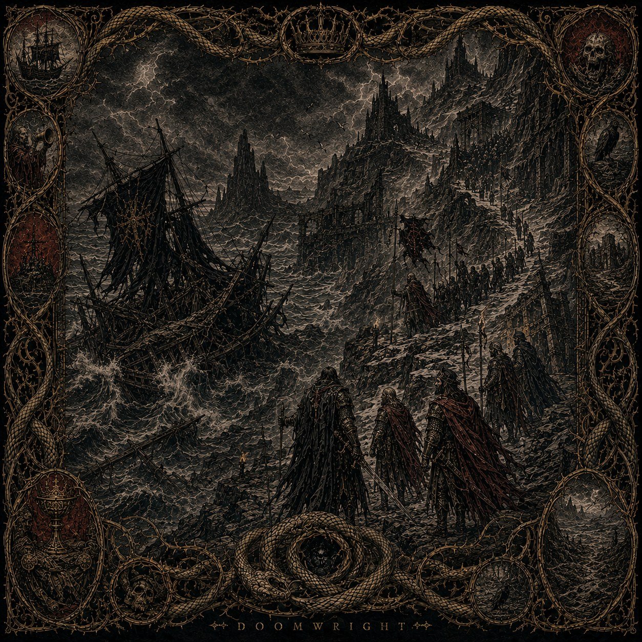 Illuminated panel — Cloaked lords on a mountain path above a coast of wrecked ships